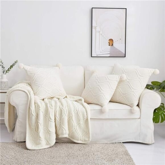 Ivory White Chenille Cable Knit Sherpa Throw Blanket Large 60 x 80 Inches - Picture 2 of 8